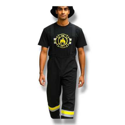 Brandweerman Kostuum Zwart – Verkleedset met Shirt, Tuinbroek en Hoed – Maat M L XL
