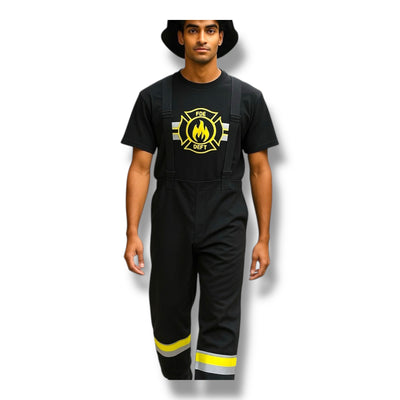 Feuerwehrkostüm Schwarz – Shirt, Latzhose und Hut
