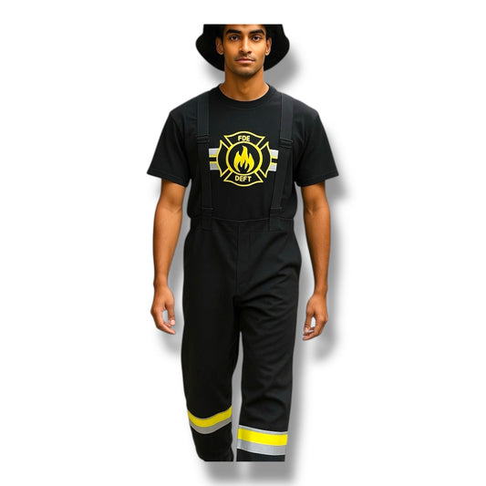 Brandweerman Kostuum Zwart – Verkleedset met Shirt, Tuinbroek en Hoed – Maat M L XL