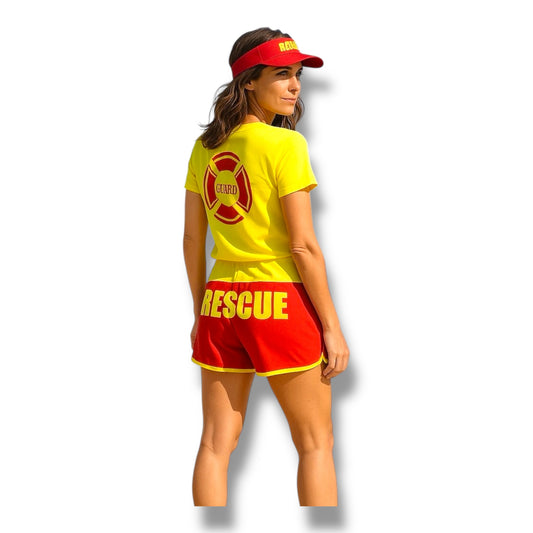 Rescue Lifeguard Verkleedkostuum Dames – Inclusief Shirt, Shorts & Vizier – Maat S M L