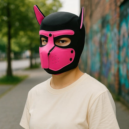 Puppy Play Roze-Zwart Masker – Met Aflopende Snuit & Oor Accenten