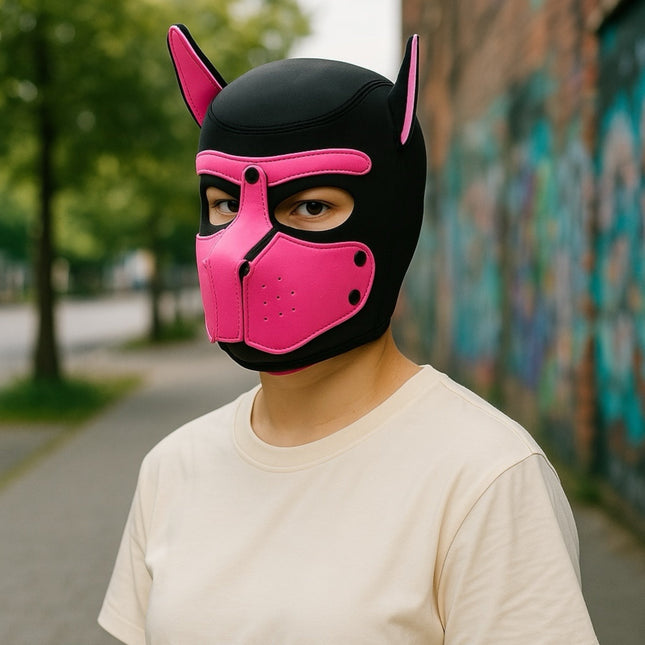 Puppy Play Roze-Zwart Masker – Met Aflopende Snuit & Oor Accenten