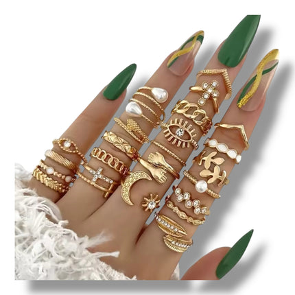 Set van 36 Moderne Fashion Ringen – Goud & Zilver | Boho, Maan & Oogdesigns