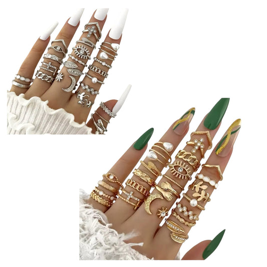 Set van 36 Moderne Fashion Ringen – Goud & Zilver | Boho, Maan & Oogdesigns