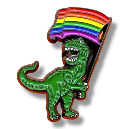 Dino Pin met Regenboogvlag – Pride T-Rex Speldje