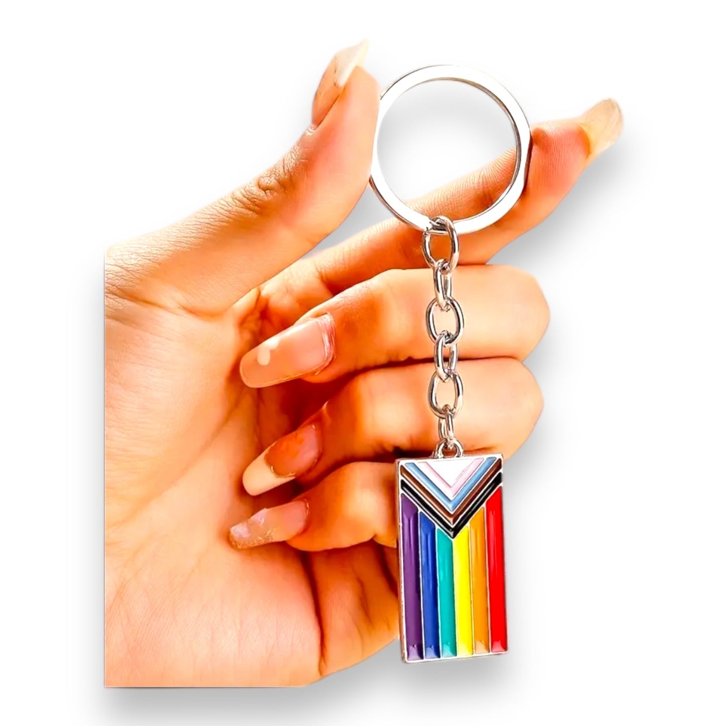 Progress Pride Sleutelhanger – Inclusieve Regenboog Vlag