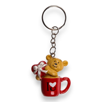 Schlüsselanhänger Teddybär in Tasse mit „I Love You“ und Herz als Geschenk