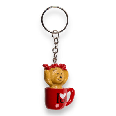 Schlüsselanhänger Bärchen in Tasse mit „I Love You“ und herzförmiger Aussparung