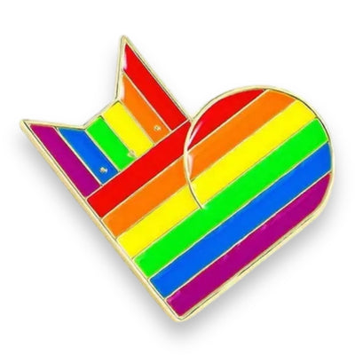 Pride-Anstecknadel Katze und Herz in Regenbogenfarben