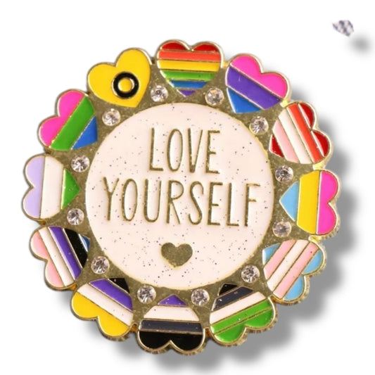 Love Yourself Pride Pin – Inclusieve Hartjes Speldje met Glitter en Steentjes