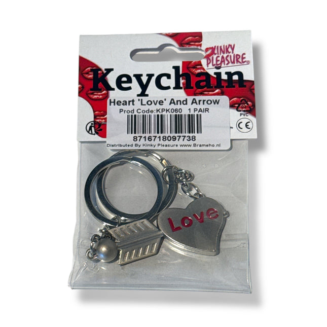 Set van 2 Sleutelhangers – Hart met Pijl en 'Love' Opschrift | Koppel Sleutelhangers