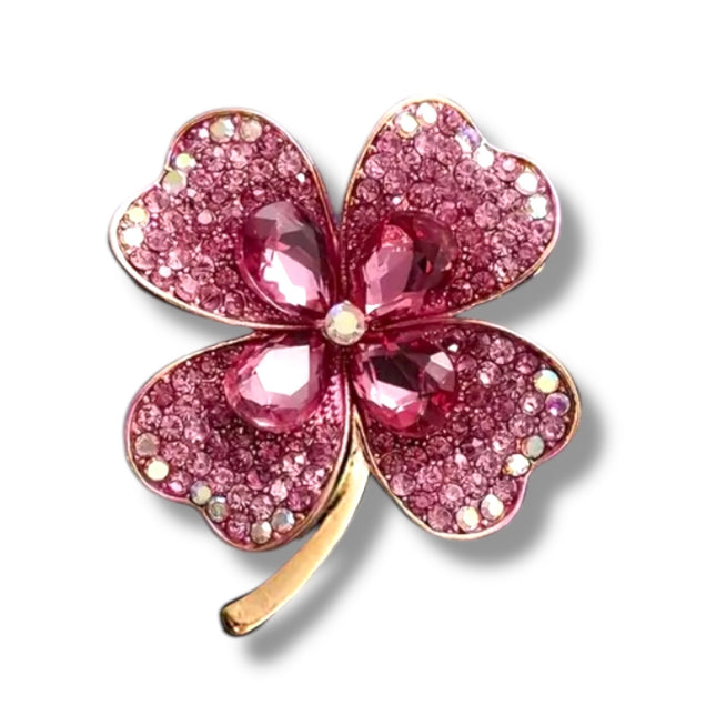 Roze klavertje vier broche met glinsterende strass