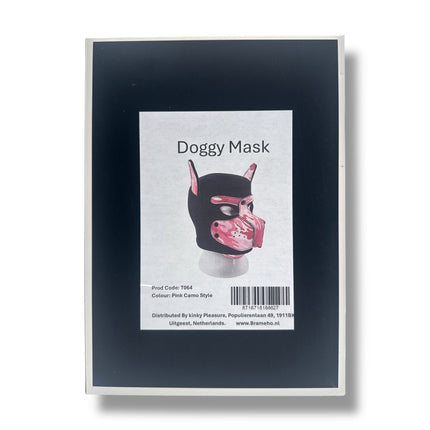 Pup Play Masker – Roze Camouflage Puppy Hood | Neopreen met Afneembare Snuit