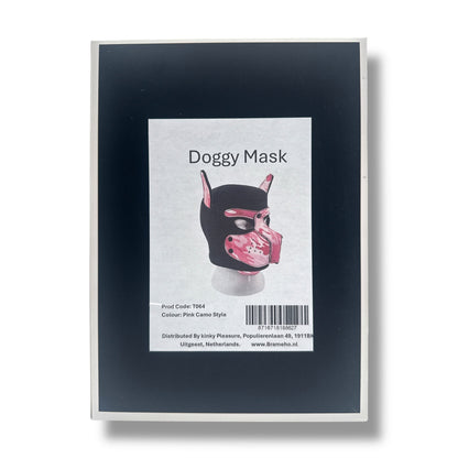 Pup Play Masker – Roze Camouflage Puppy Hood | Neopreen met Afneembare Snuit