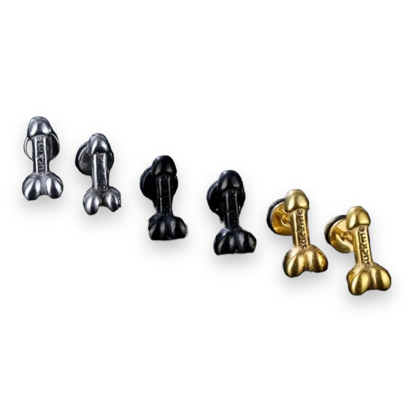 Penis Suck Me! Fuck Me! | Gedurfde Oorbellen in Zwart, Goud en Zilver