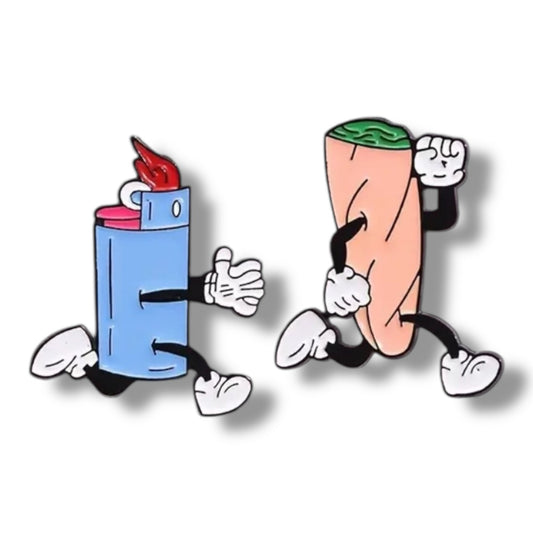 Grappige Pin Set – Aansteker & Joint – Cartoonstijl Emaille Speldjes