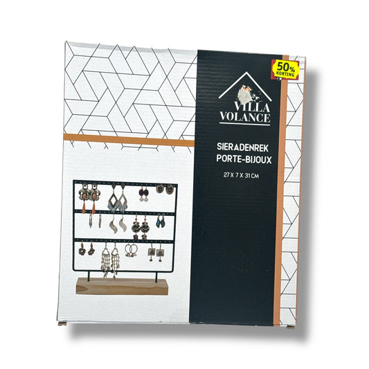 Sieradenrek Zwart met Houten Voet – 27 x 7 x 31 cm – Villa Volance