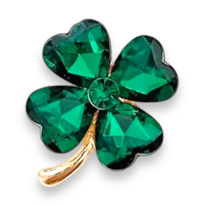 Klavertje Vier Pin met Groene Strass - Metaal, 3 x 3,6 cm