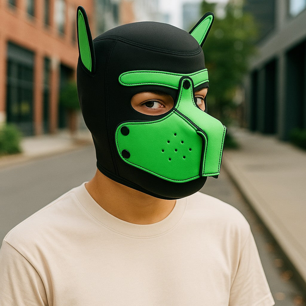 Pup Play Masker – Zwart met Groen | Neopreen Puppy Hood met Afneembare Snuit