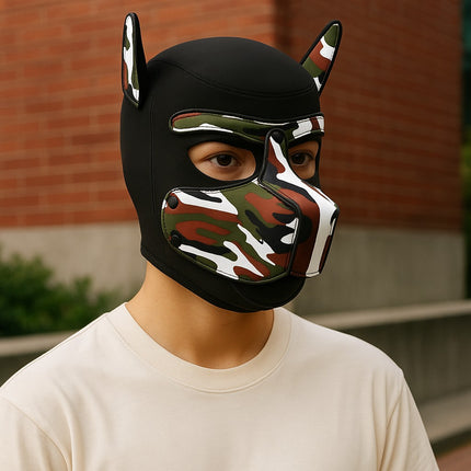Pup Play Masker – Camouflage Puppy Hood met Afneembare Snuit | Neopreen