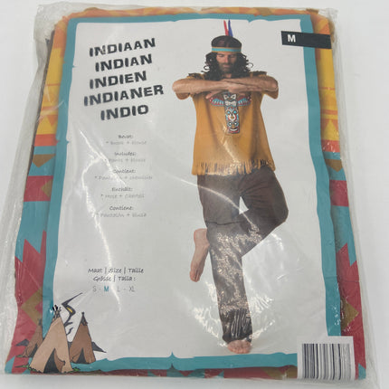 Traditioneel Indiaan Verkleedkostuum – Brons Shirt met Totem Print & Donkerbruine Broek (Maat M)