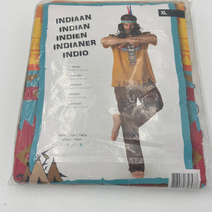 Traditioneel Indiaan Verkleedkostuum – Brons Shirt met Totem Print & Donkerbruine Broek (Maat M)