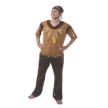 Indianen Kostuum voor Mannen – Bruine Verkleed Outfit met Veertjes print (Maat M)