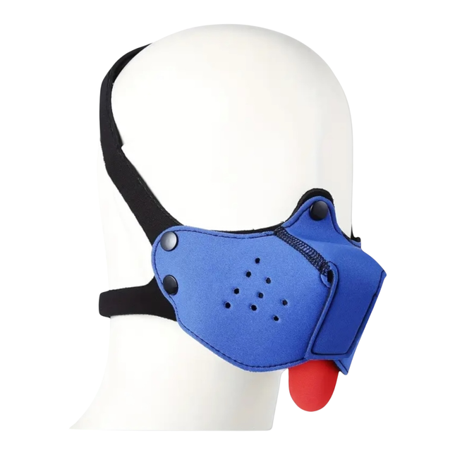 Blauw Puppy Play masker – Fetish pup masker met tong & boekverpakking (18+)
