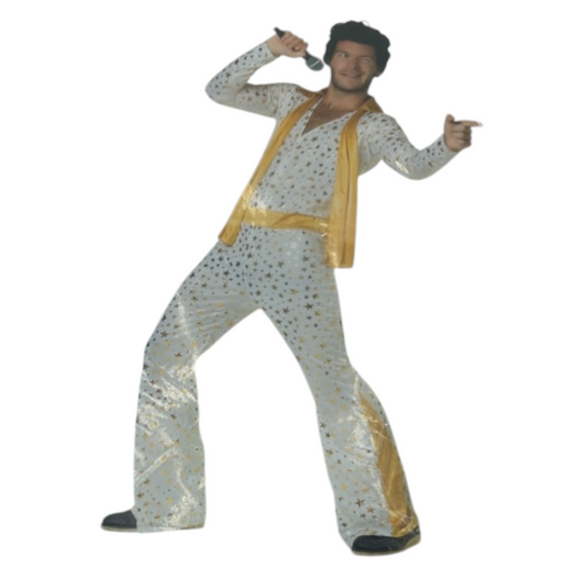 The King Verkleedkostuum – Witte Jumpsuit met Sjaal en Sterrenprint (Maat M, L, XL)
