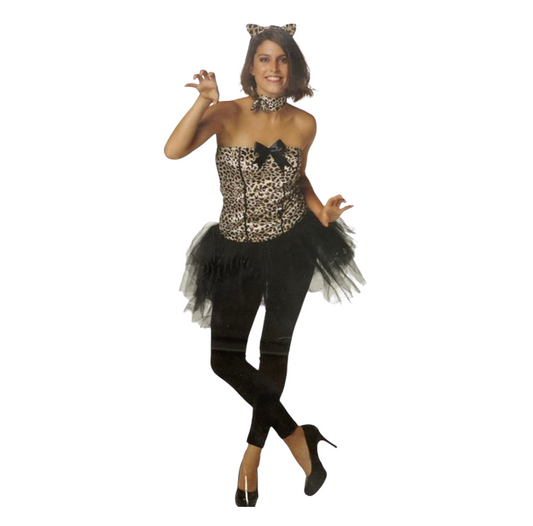 Kitty Verkleedset Panterprint – Dames Kostuum – Maat S / M / L – Jurk met Staart en Oortjes