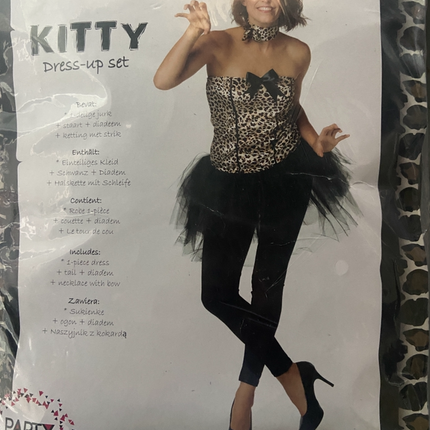 Kitty Verkleedset Panterprint – Dames Kostuum – Maat S / M / L – Jurk met Staart en Oortjes