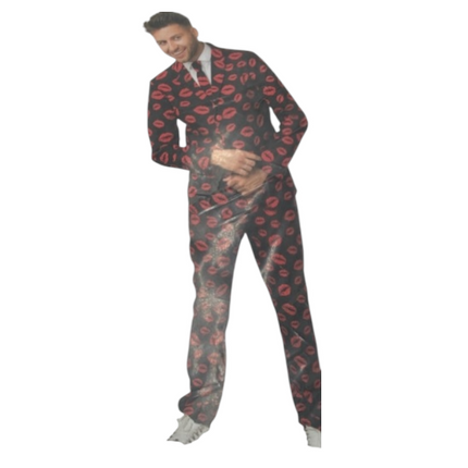 Heren Pak met Lippenprint – Fun Costume – Maat M – Colbert, Broek & Stropdas