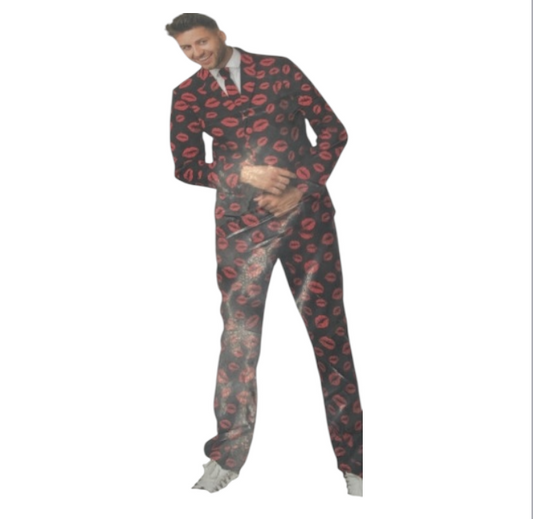 Heren Pak met Lippenprint – Fun Costume – Maat M – Colbert, Broek & Stropdas