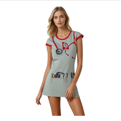 Verpleegster Jurkje Wit met Rood - Maat S, M, L
