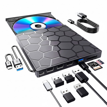 8-in-1 Externe CD/DVD Speler – USB 3.0 & Type-C – Met USB Hub & Kaartlezer