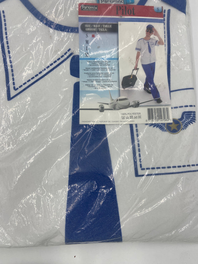 Piloten Verkleedkostuum Heren – Inclusief Shirt, Broek & Pet – Blauw/Wit