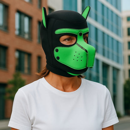 Pup Play Masker – Zwart met Groen | Neopreen Puppy Hood met Afneembare Snuit