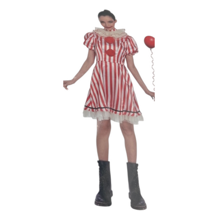 Vrouwelijk Clownkostuum met Rode-Witte Strepen – Jurk met Pompons & Ruches Maat L