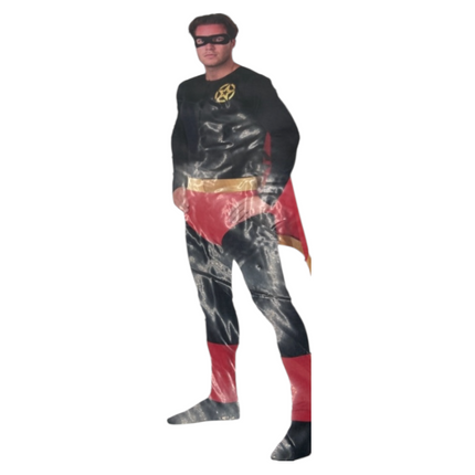 Superheld Kostuum voor Mannen – Zwart met Rode Cape & Gouden Riem (Maat M)