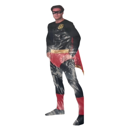 Superheld Kostuum voor Mannen – Zwart met Rode Cape & Gouden Riem (Maat M)