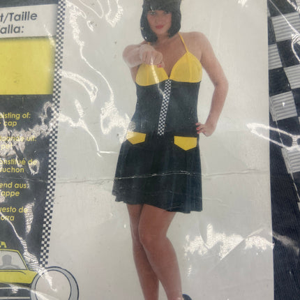 Sexy Taxi Verkleedjurk Dames – Zwart Geel Kostuum met Pet – Maat S / M / L