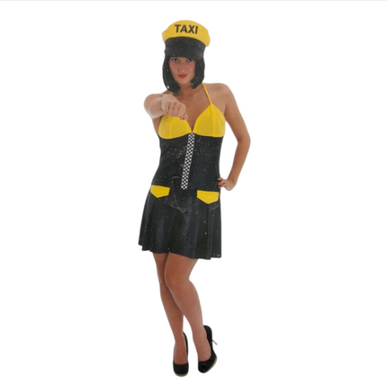Sexy Taxi Verkleedjurk Dames – Zwart Geel Kostuum met Pet – Maat S / M / L