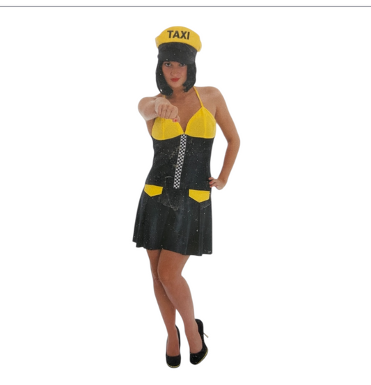 Sexy Taxi Verkleedjurk Dames – Zwart Geel Kostuum met Pet – Maat S / M / L