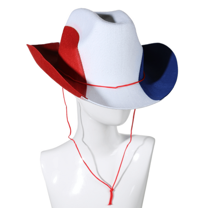 Cowboyhoed met koord - Franse vlag - Gemaakt van vilt - Eén maat - Met hanger