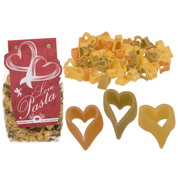 Heart-shaped Tricolor Durum Wheat Pasta with Tomato and Spinach - 250 g