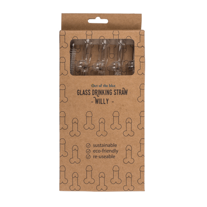 Grappige glazen rietjes met Willy design en schoonmaakborsteltje