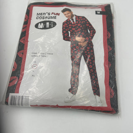 Heren Pak met Lippenprint – Fun Costume – Maat M – Colbert, Broek & Stropdas