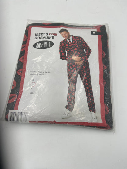 Heren Pak met Lippenprint – Fun Costume – Maat M – Colbert, Broek & Stropdas