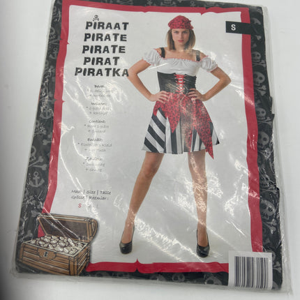 Piraat Verkleedjurk Dames – Rood Zwart Kostuum met Hoofddoek – Maat S