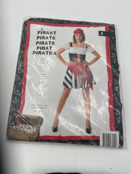 Piraat Verkleedjurk Dames – Rood Zwart Kostuum met Hoofddoek – Maat S